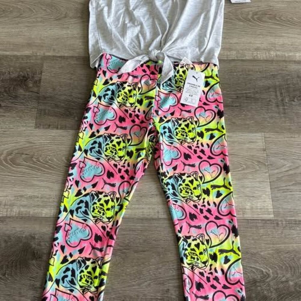 New Puma Girls 2-Piece Outfit Set Size 6X – Heart Tee & Colorful Leggings